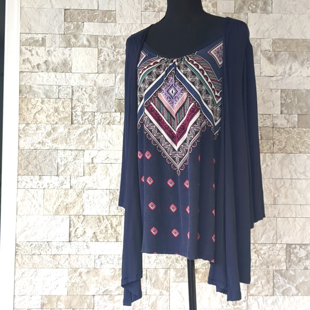 Croft & Barrow Boho Tunic Top Faux 2Pc Jacket Navy Blue Aztec Paisley Layers EUC